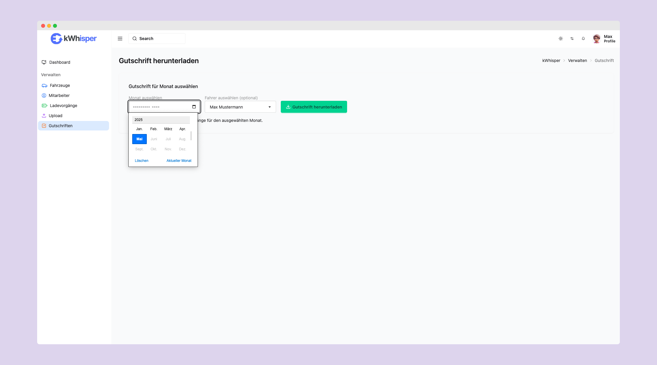 Screenshot des kWhisper Dashboards mit Ladeübersicht
